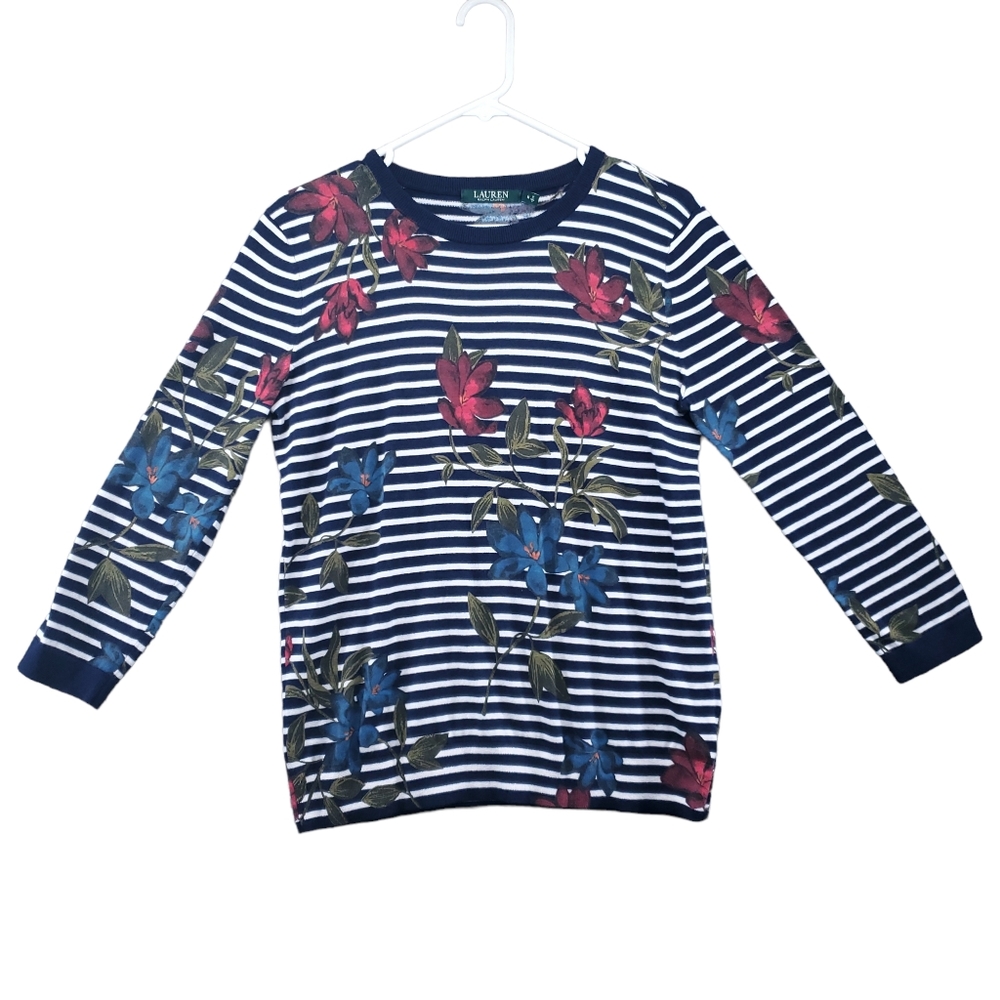 Ralph Lauren Green Label 3/4 Sleeve Womens Crewneck Floral Pullover Sweater